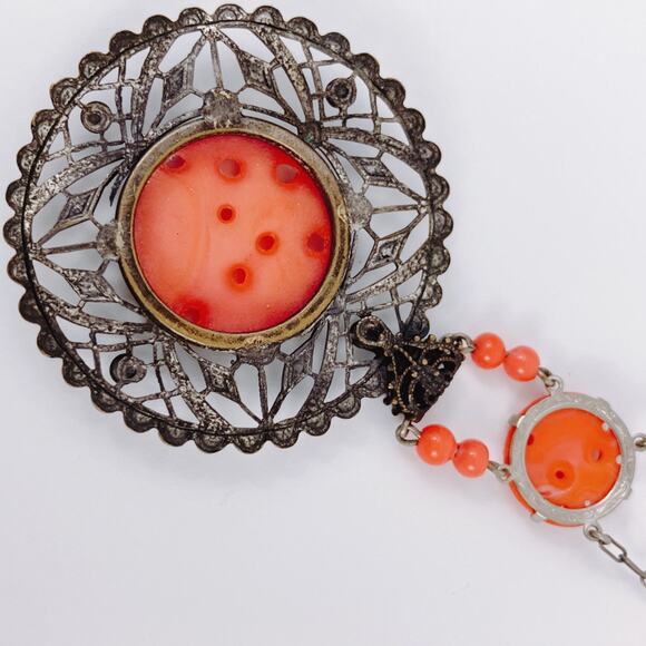 VTG Art Deco Peking Glass Style Red Glass 1920s-1930s Filigree Necklace Pendant - Picture 8 of 16